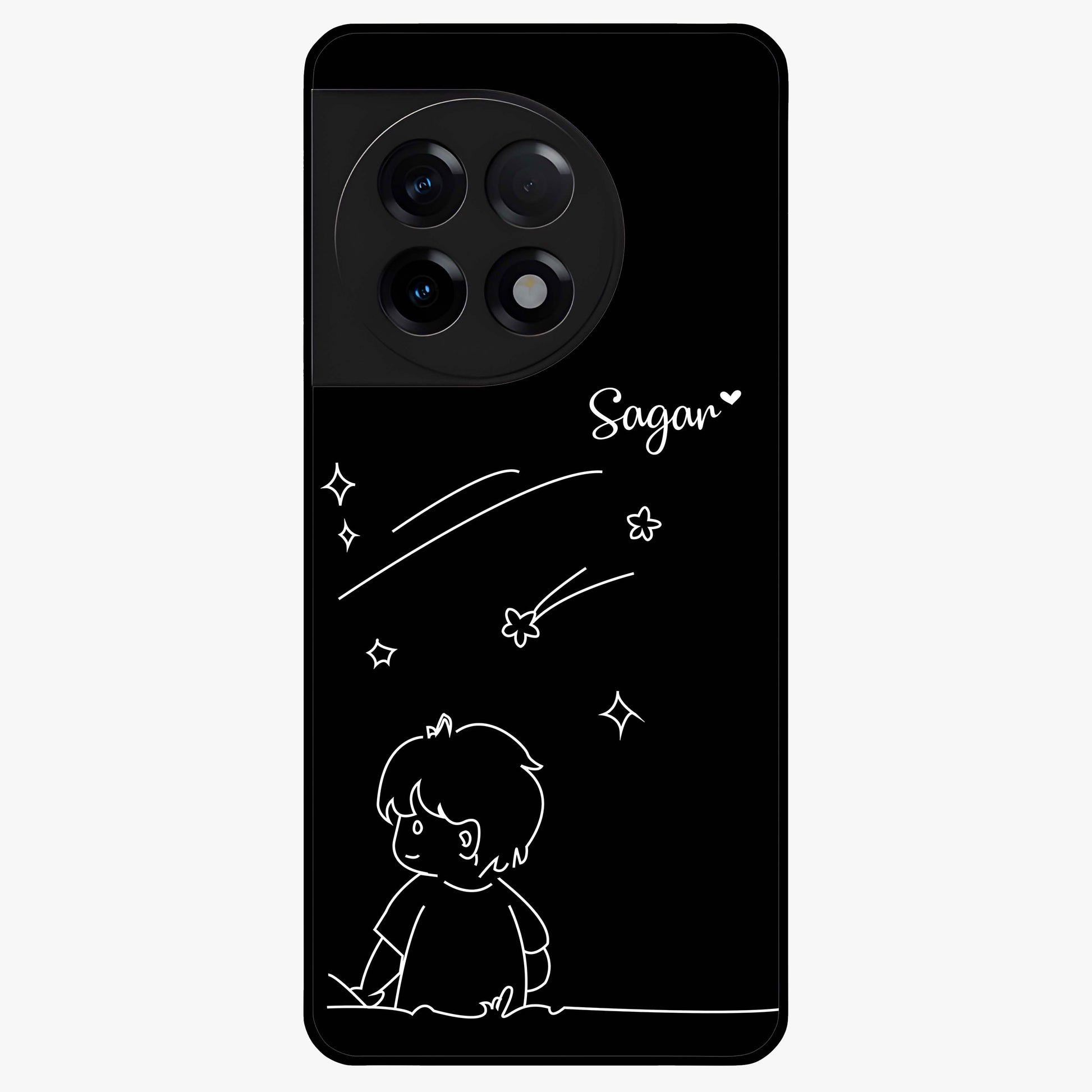 Line Art Boy With Shooting Stars Glass Case for 1+11R artistic front view featuring minimal line art character with star accents