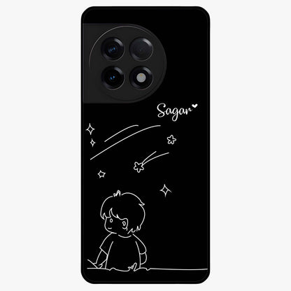 Line Art Boy With Shooting Stars Glass Case for 1+11R artistic front view featuring minimal line art character with star accents