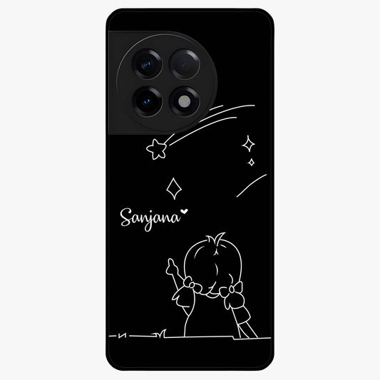Line Art Girl With Shooting Stars Glass Case for 1+11R elegant front view featuring minimal line art character with shooting stars