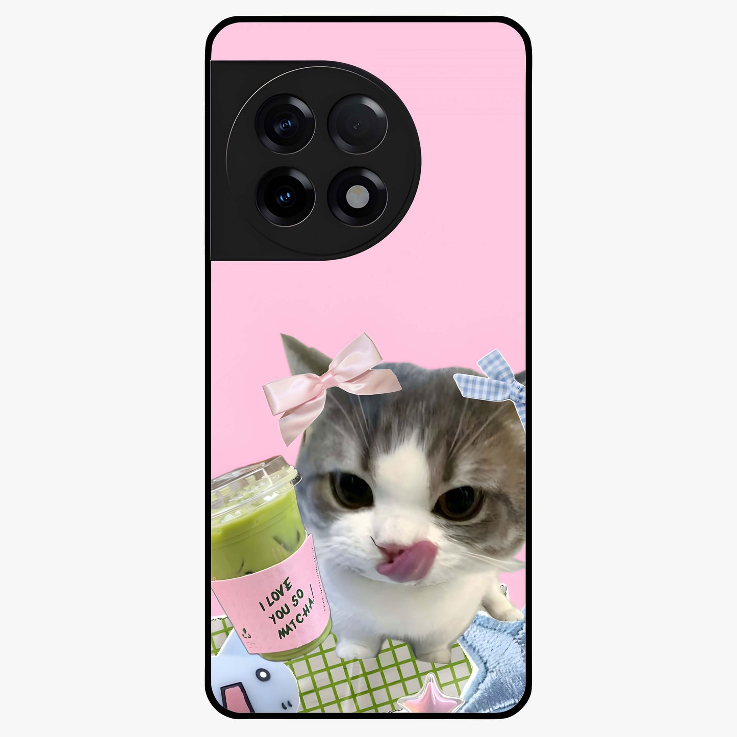 Love Matcha Cat Glass Case for 1+11R adorable front view featuring cute cat artwork with matcha theme