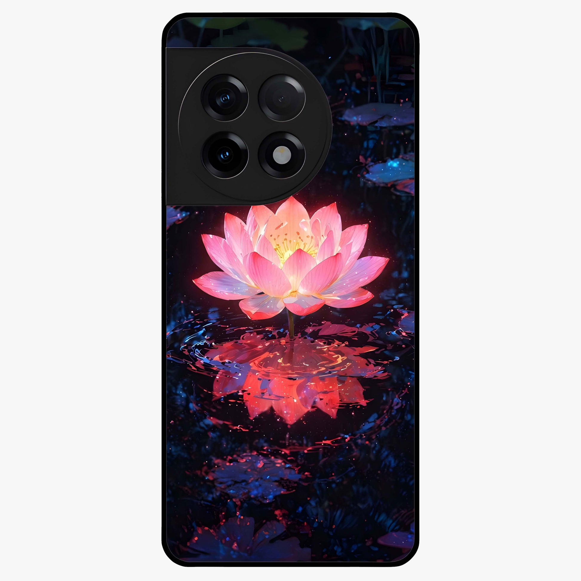 Luminous Lotus Glow Glass Case for 1+11R radiant front view featuring glowing lotus artwork