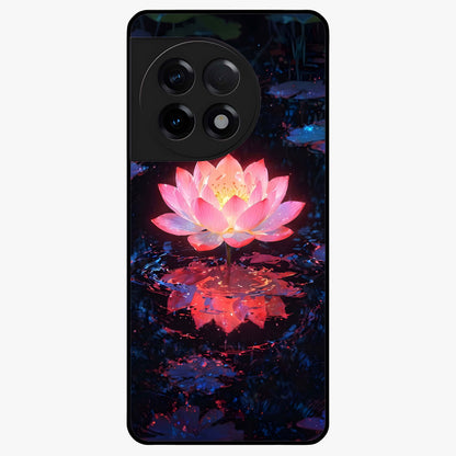 Luminous Lotus Glow Glass Case for 1+11R radiant front view featuring glowing lotus artwork