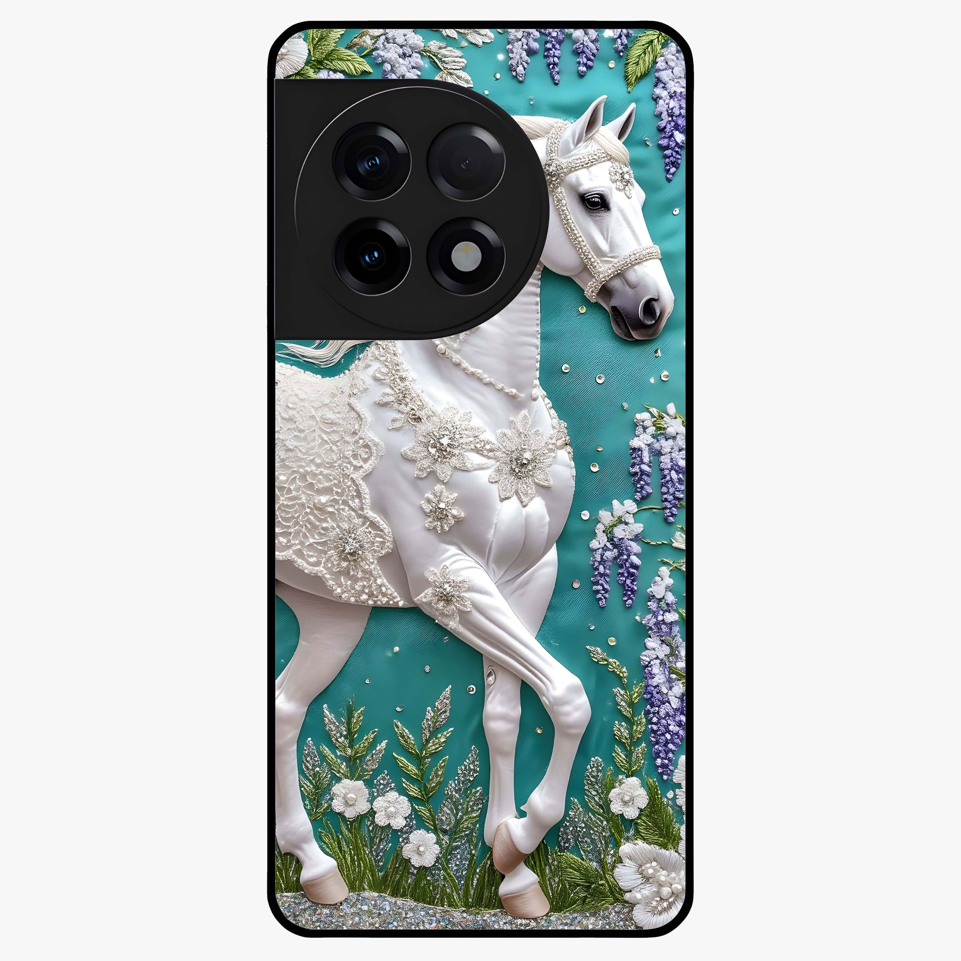 Majestic Floral Stallion Glass Case for 1+11R powerful front view featuring horse artwork blended with floral detailing
