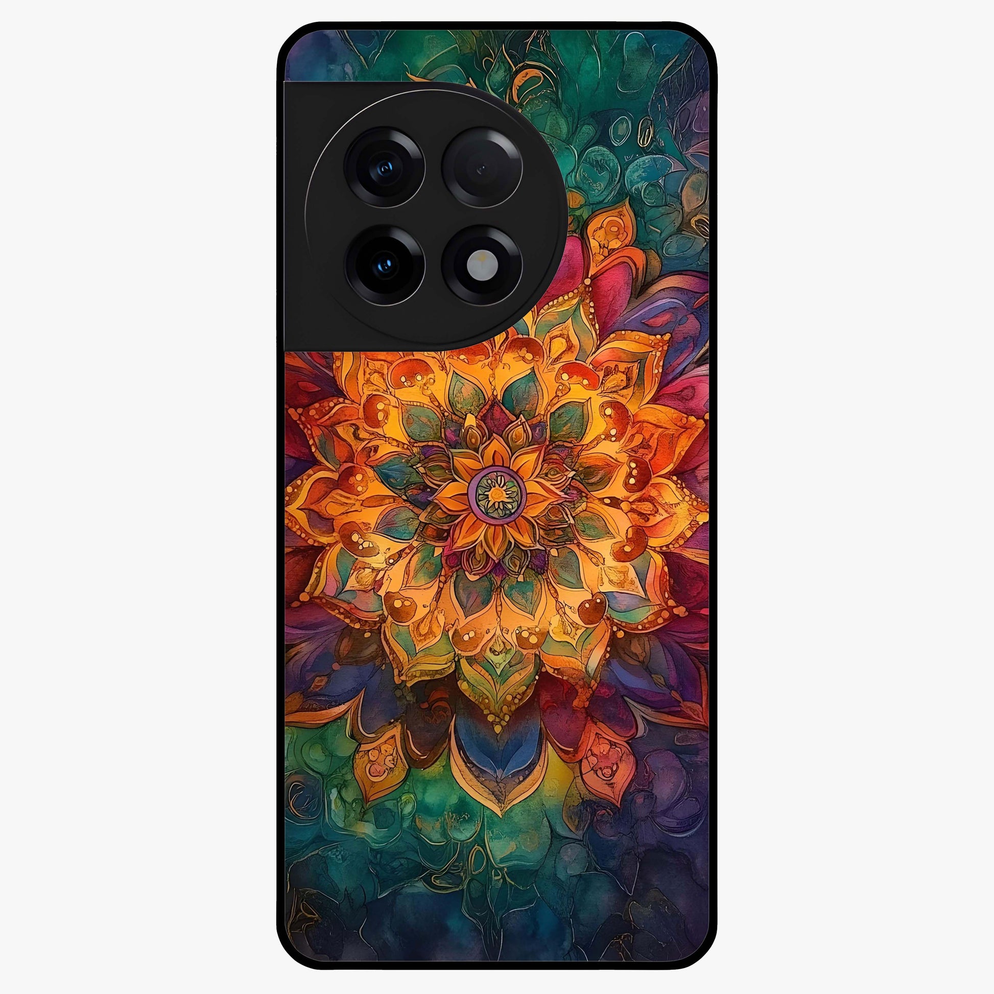 Mandala Vibrants Glass Case for 1+11R artistic front view featuring colorful mandala pattern artwork