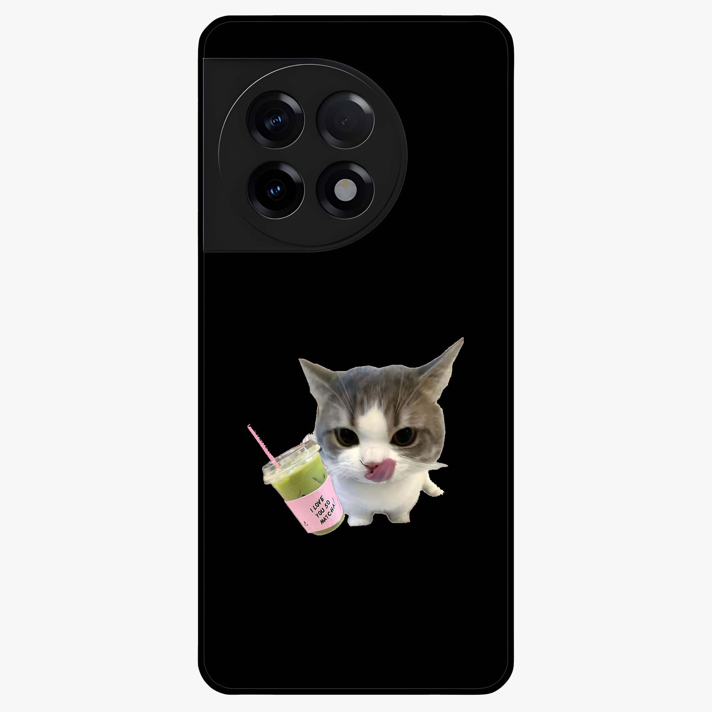 Matcha Cat Style Glass Case for 1+11R adorable front view featuring cute cat artwork in matcha green tones