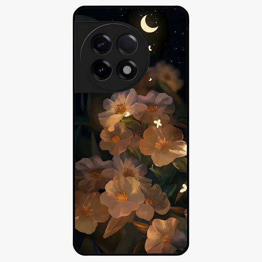 Midnight Bloom Trail Glass Case for 1+11R artistic front view featuring flowing floral trail artwork in dark tones