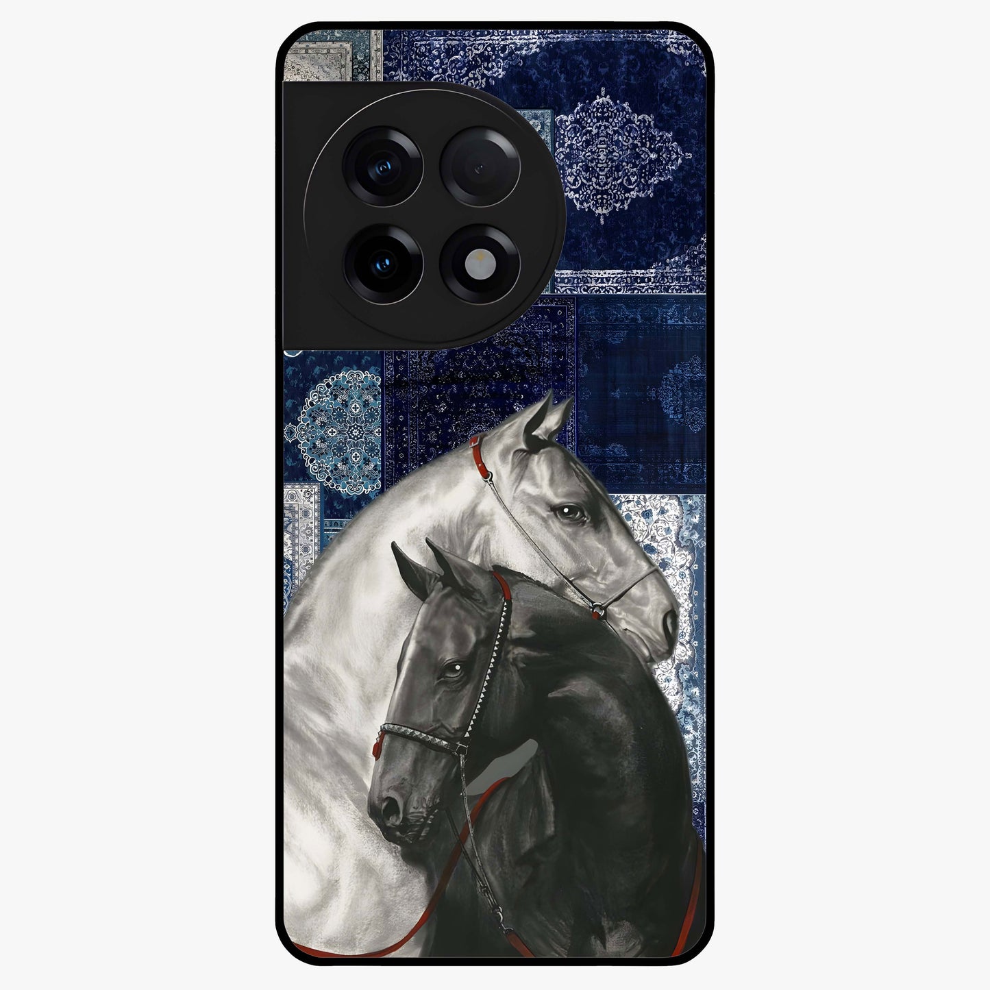 Midnight Stallion Blues Glass Case for 1+11R powerful front view featuring horse artwork in deep blue night tones