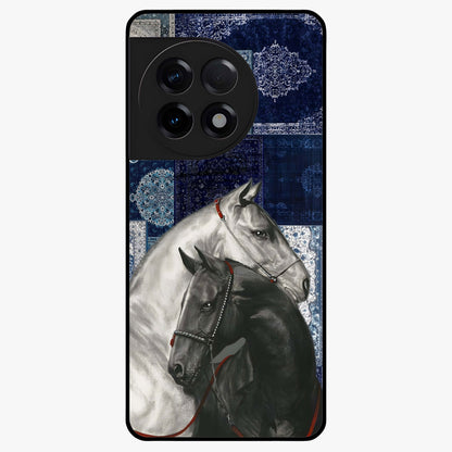 Midnight Stallion Blues Glass Case for 1+11R powerful front view featuring horse artwork in deep blue night tones