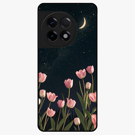 Midnight Tulip Whispers Vibe Glass Case for 1+11R elegant front view featuring tulip floral artwork on dark background