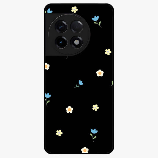 Minimalistic Blue With White Flower Pattern Glass Case for 1+11R fresh front view featuring white floral artwork on blue background