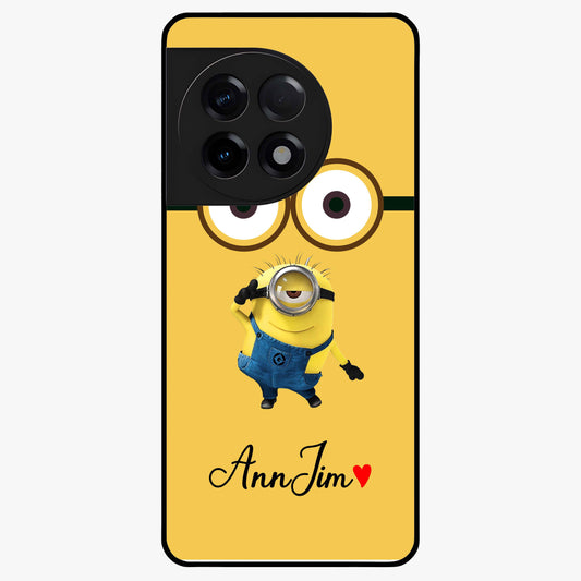 Minion Custom Name Glass Case for 1+11R playful front view featuring cartoon inspired artwork with personalized name design