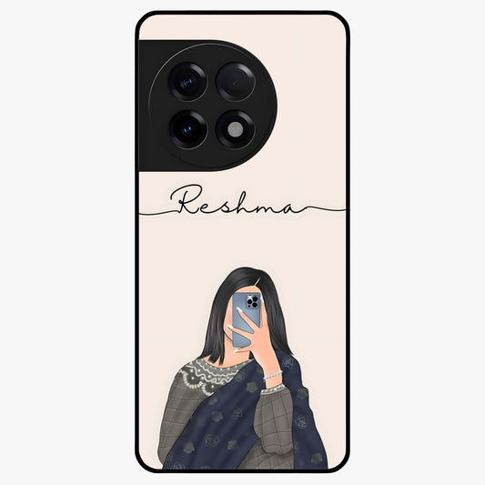 Mirror Mood Muse With Custom Name Glass Case for 1+11R stylish front view featuring aesthetic artwork with personalized name detail