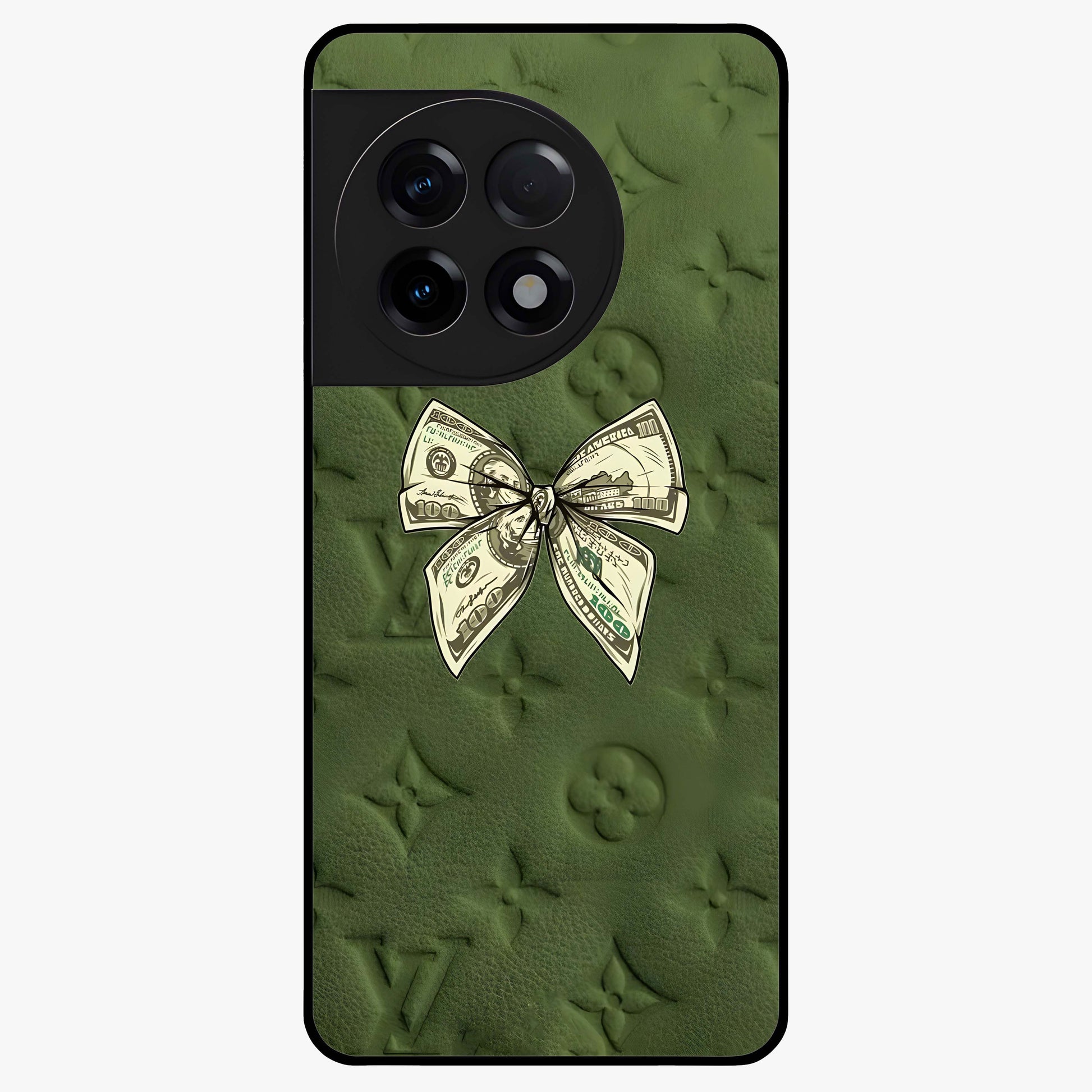 Money Bow Lv Glass Case for 1+11R luxury inspired front view featuring bold fashion themed artwork