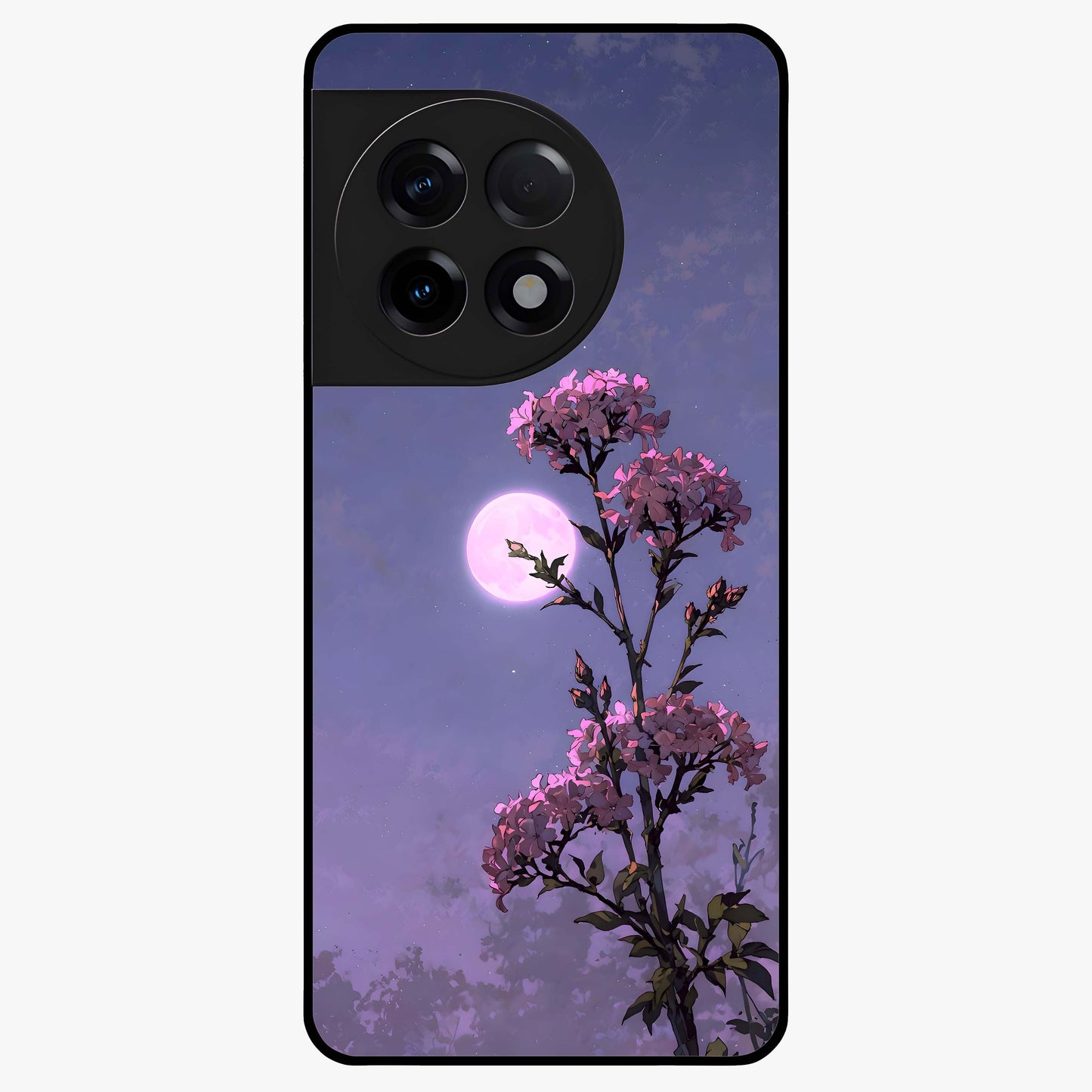 Moonlit Petal Night Glass Case for 1+11R elegant front view featuring floral artwork glowing in night tones