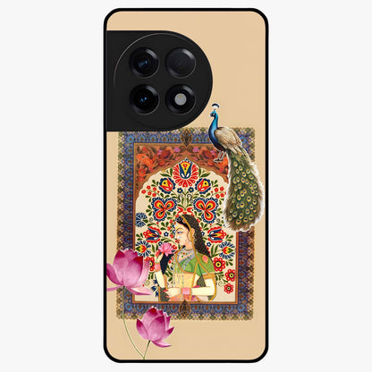 Mughal Princess and Peacock Glass Case for 1+11R royal front view featuring intricate princess and peacock artwork