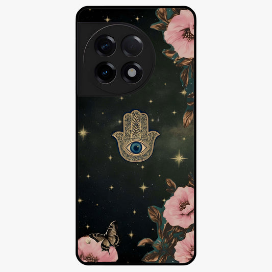 Mystic Bloom Protection Glass Case for 1+11R artistic front view featuring floral artwork with protective mystic elements