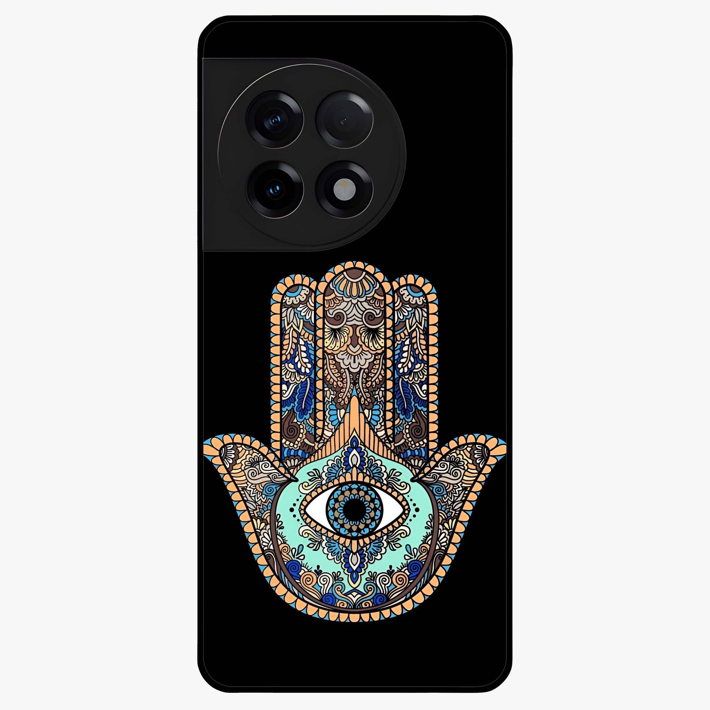 Mystic Hamsa Eye Glass Case for 1+11R symbolic front view featuring traditional hamsa eye artwork