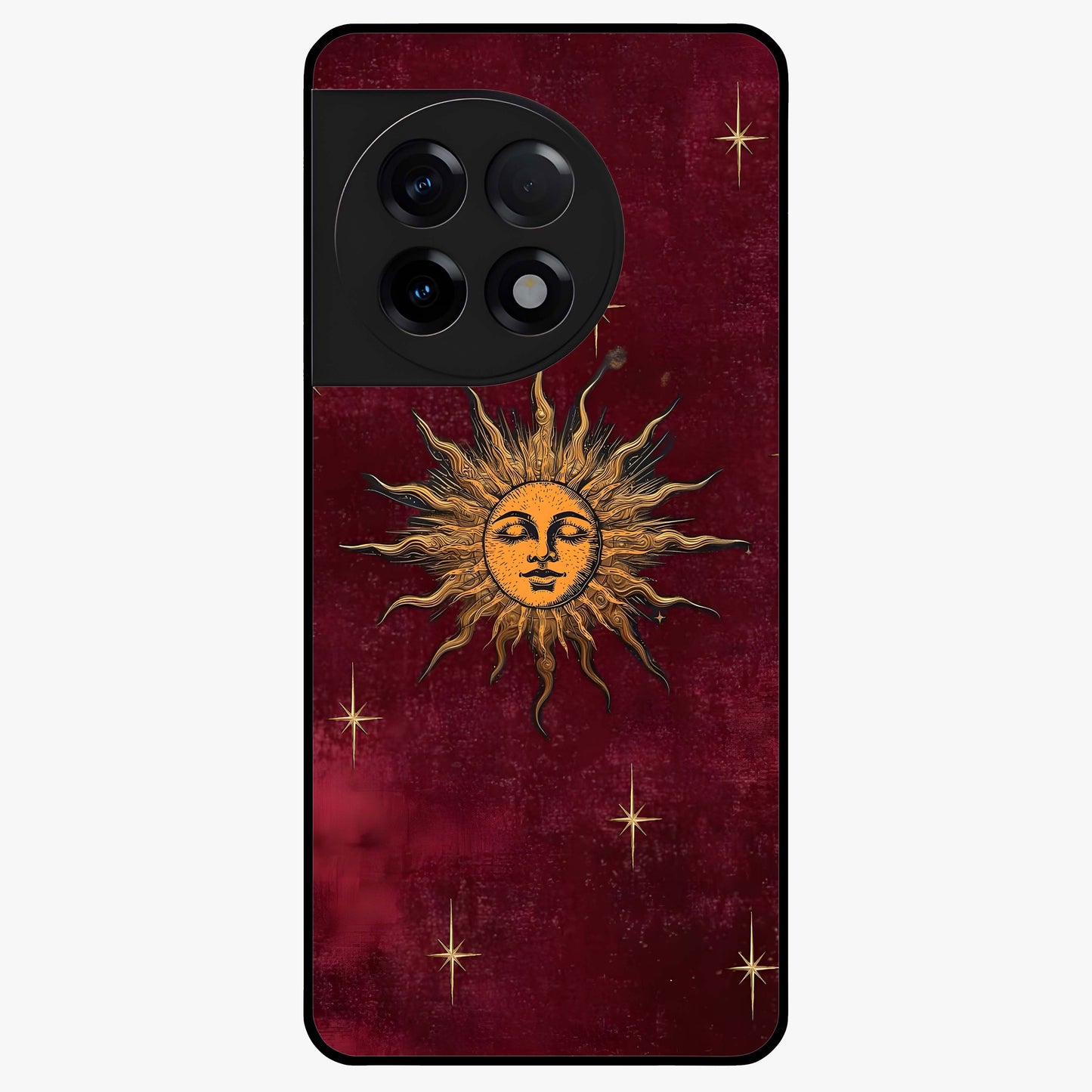 Mystic Solar Glow Glass Case for 1+11R radiant front view featuring glowing sun inspired mystical artwork