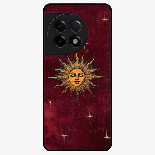 Mystic Solar Glow Glass Case for 1+11R radiant front view featuring glowing sun inspired mystical artwork