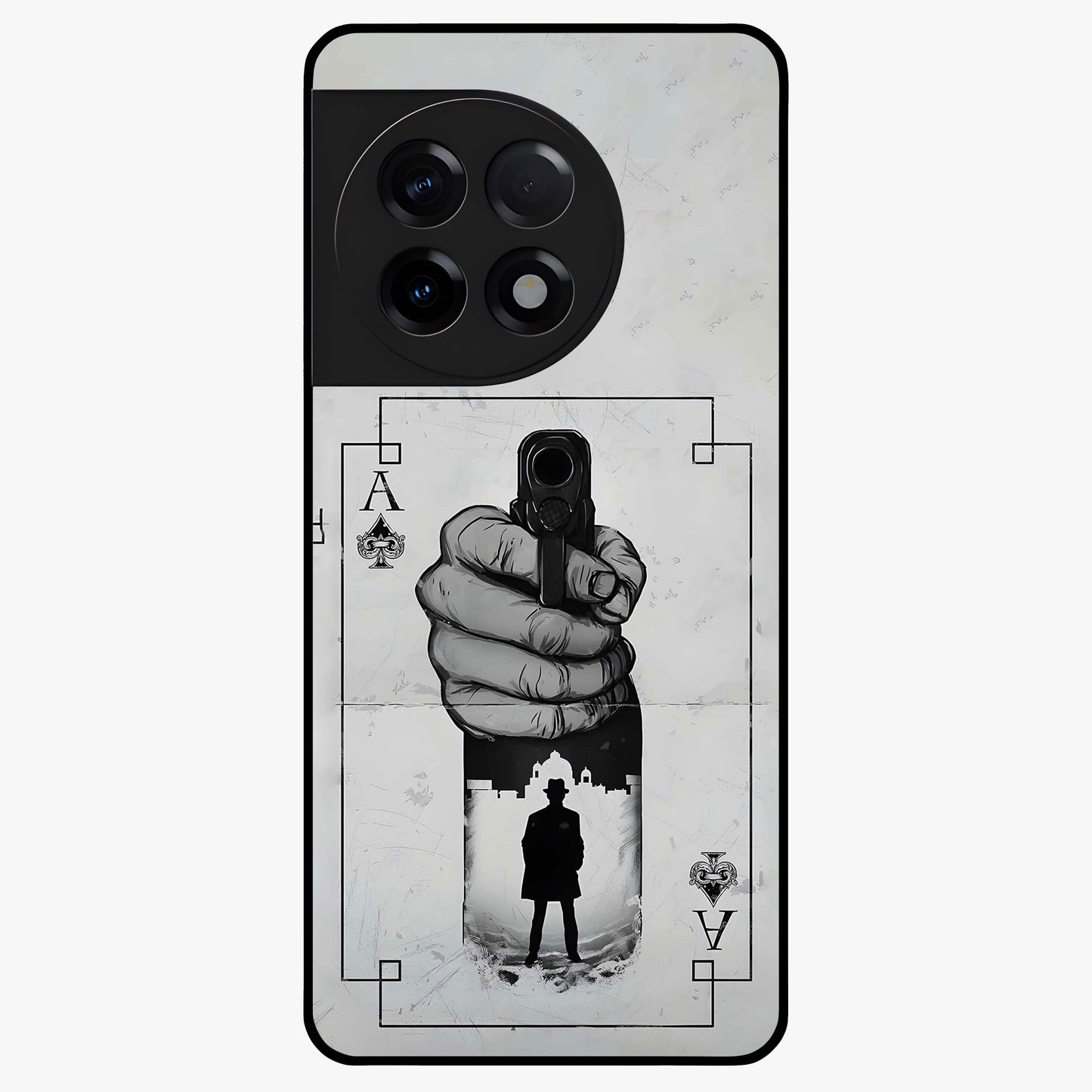 Noir Trigger Fate Glass Case for 1+11R dramatic front view featuring bold noir themed artistic artwork