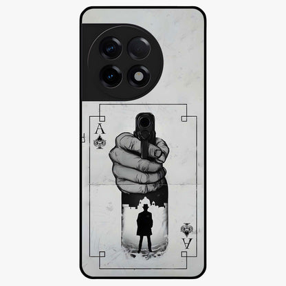 Noir Trigger Fate Glass Case for 1+11R dramatic front view featuring bold noir themed artistic artwork