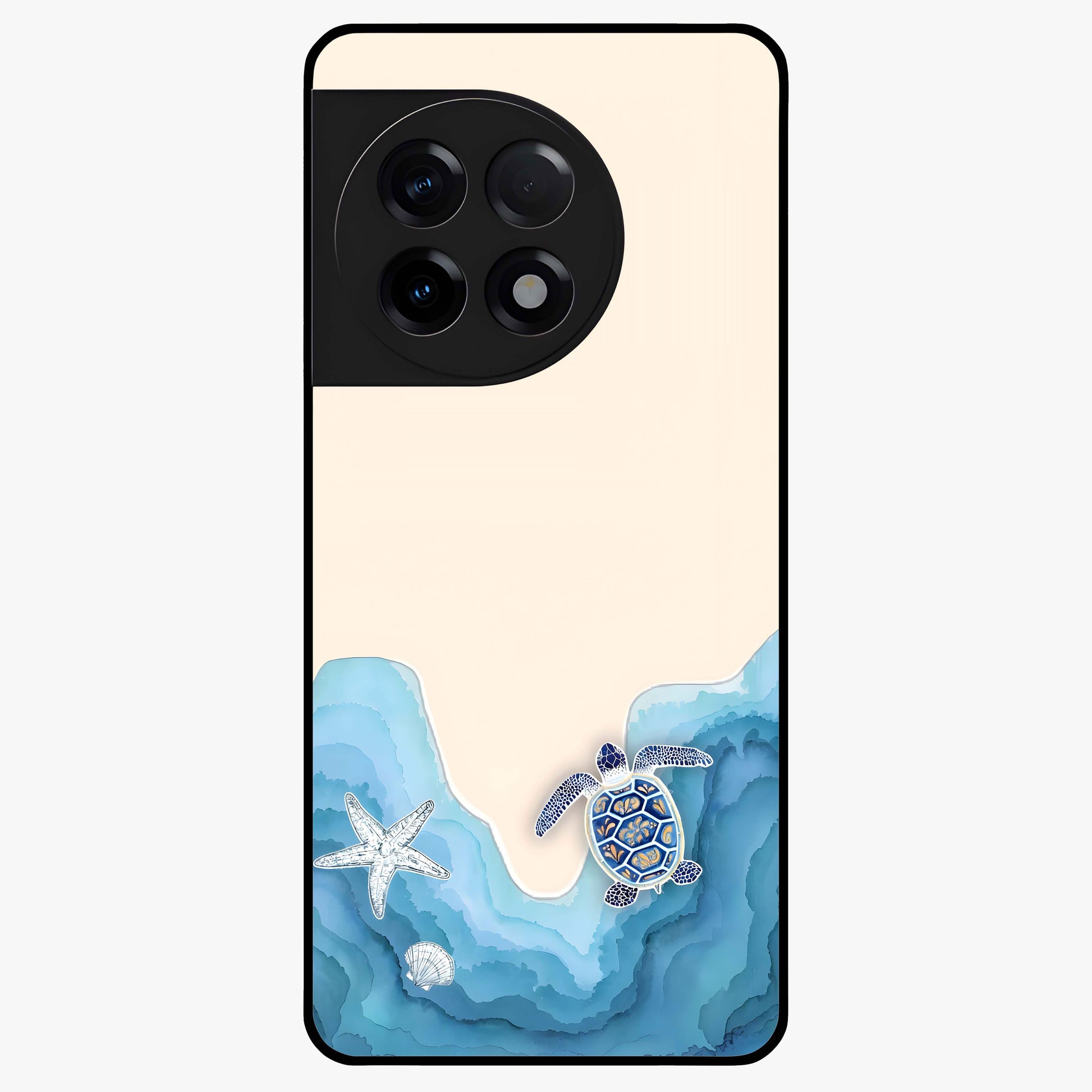 Ocean Drift Turtle Glass Case for 1+11R serene front view featuring sea turtle artwork in calming ocean tones