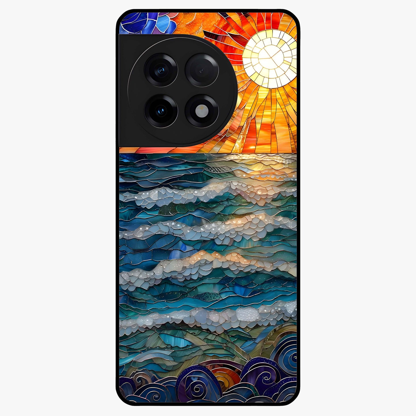 Ocean Mosaic Art Glass Case for 1+11R artistic front view featuring mosaic inspired ocean artwork