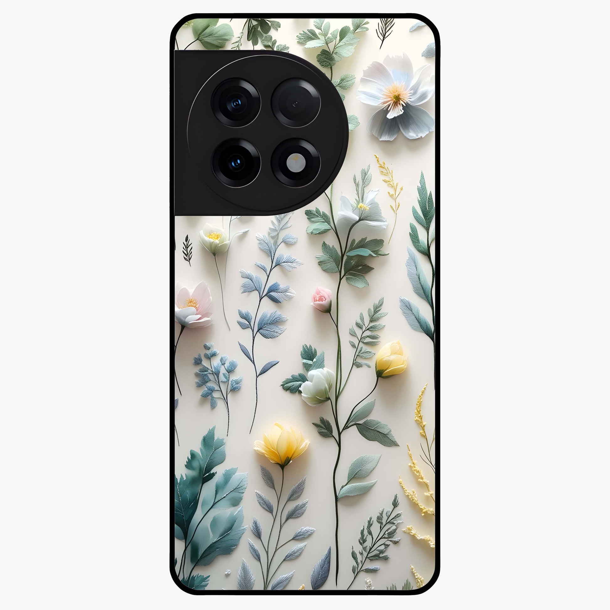 Pastel Garden Whispers Glass Case for 1+11R soft front view featuring delicate pastel floral artwork