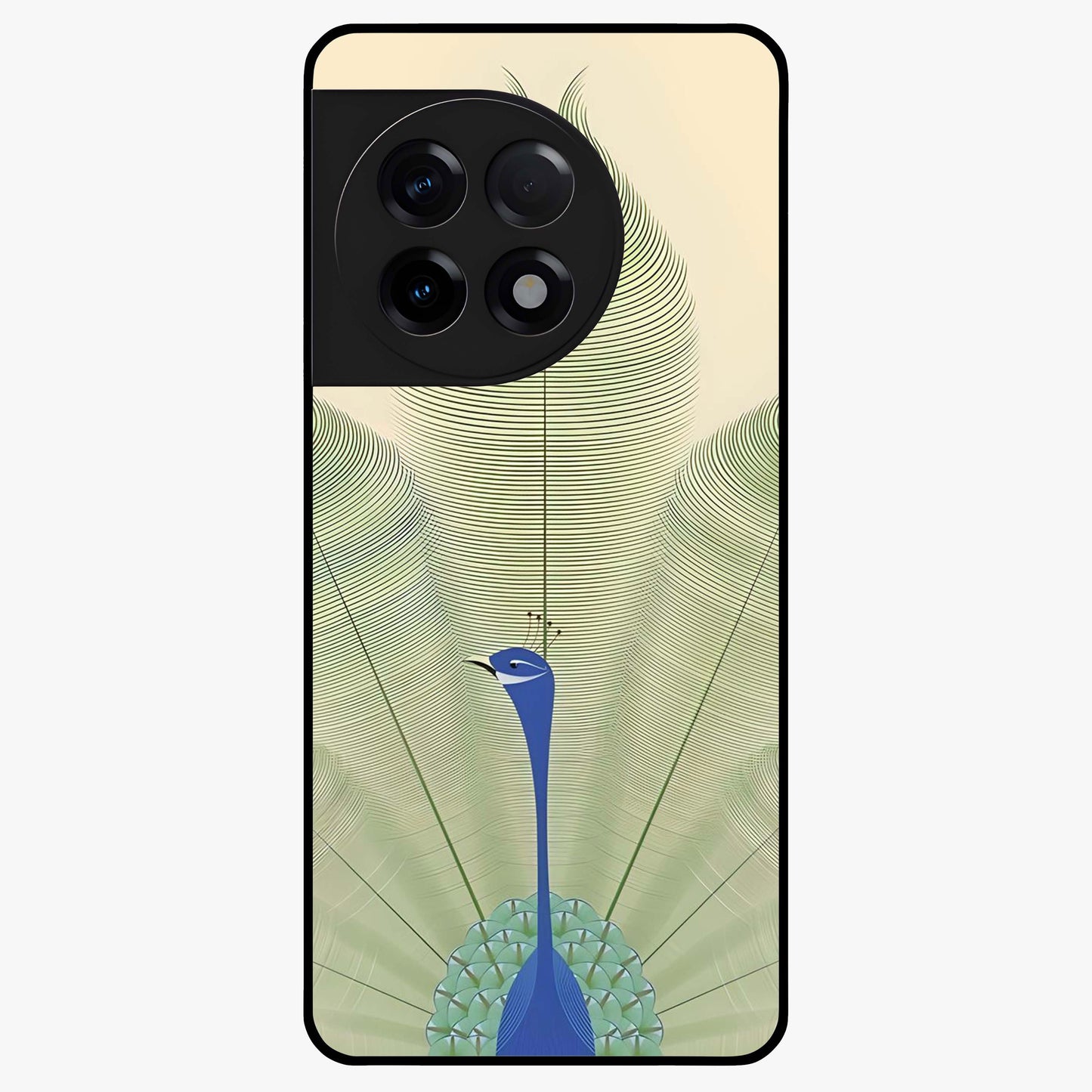 Peacock Feather Grace Glass Case for 1+11R elegant front view featuring detailed peacock feather artwork