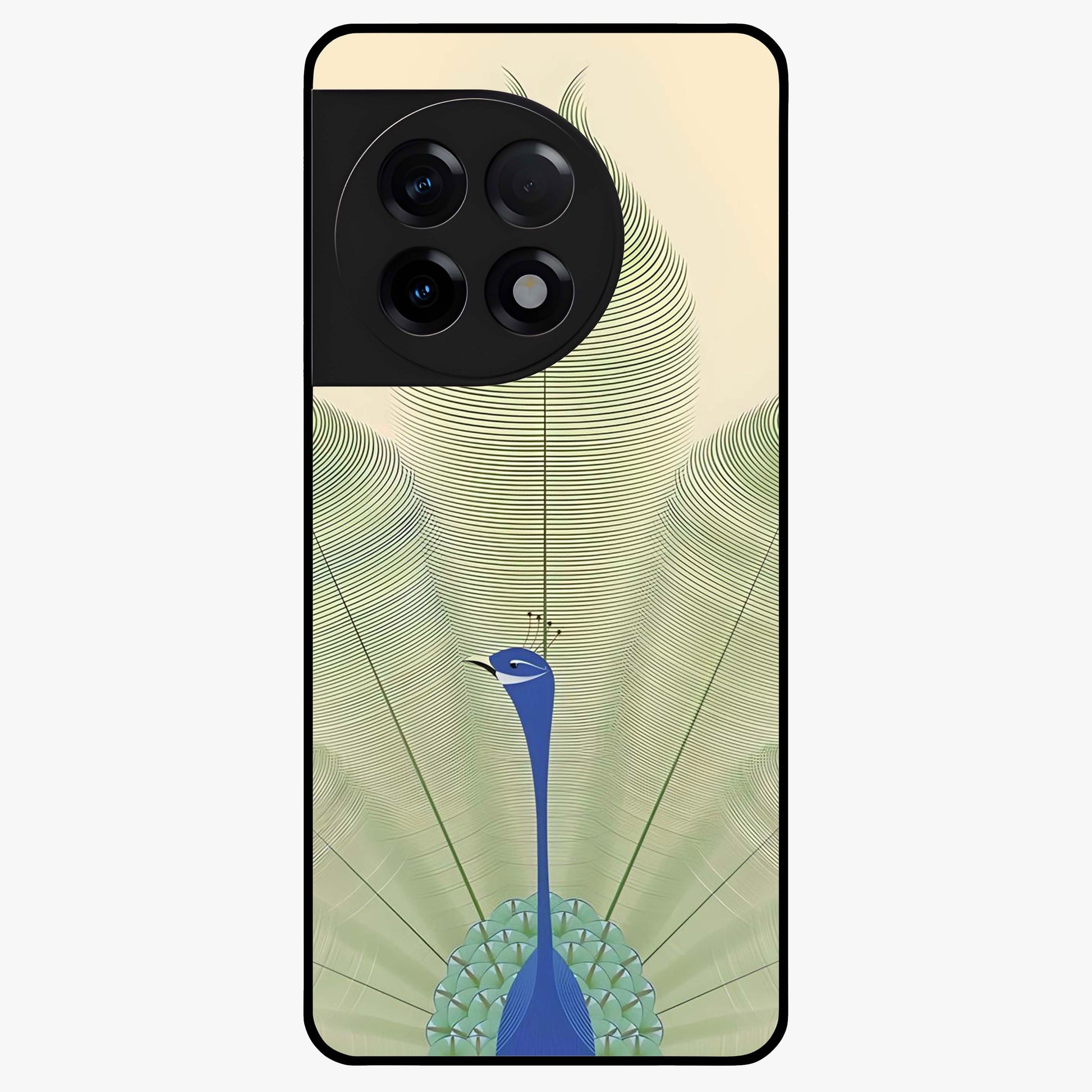 Peacock Feather Grace Glass Case for 1+11R elegant front view featuring detailed peacock feather artwork