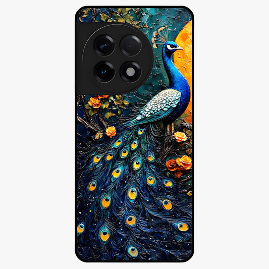 Peacock With Yellow Moon Glass Case for 1+11R striking front view featuring peacock artwork under glowing yellow moon