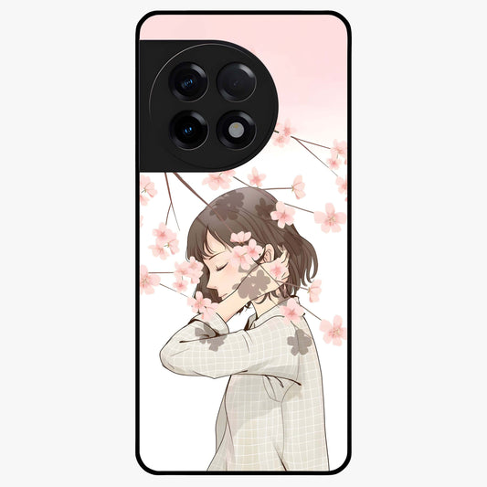 Pink Blossom Girl Glass Case for 1+11R charming front view featuring illustrated girl with pink blossom artwork