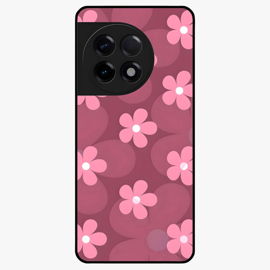 Pink Daisy Flower Pattern Glass Case for 1+11R cheerful front view featuring daisy floral artwork in pink tones