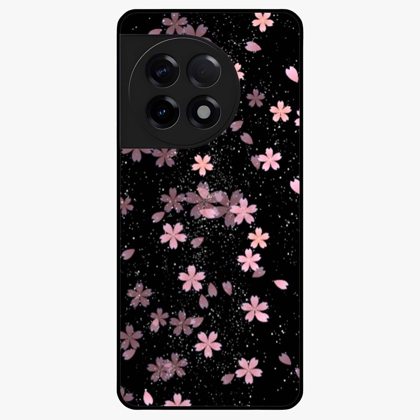 Pink Flower Black Background Glass Case for 1+11R striking front view featuring vibrant pink flower on dark backdrop