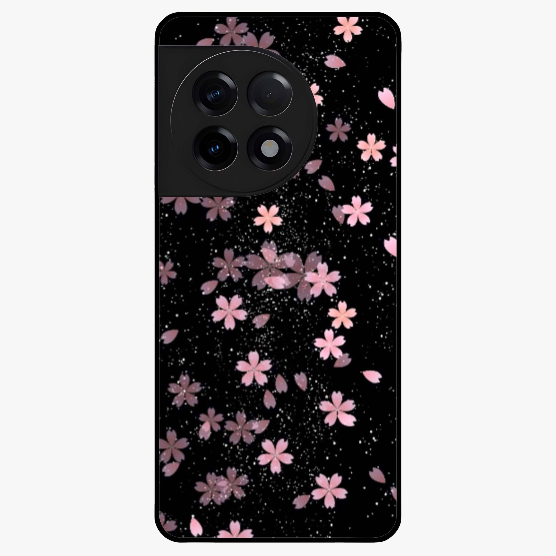 Pink Flower Black Background Glass Case for 1+11R striking front view featuring vibrant pink flower on dark backdrop