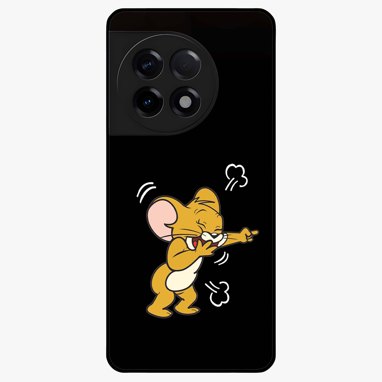 Playful Jerry Vibes Glass Case for 1+11R cheerful front view featuring animated cartoon artwork with playful energy