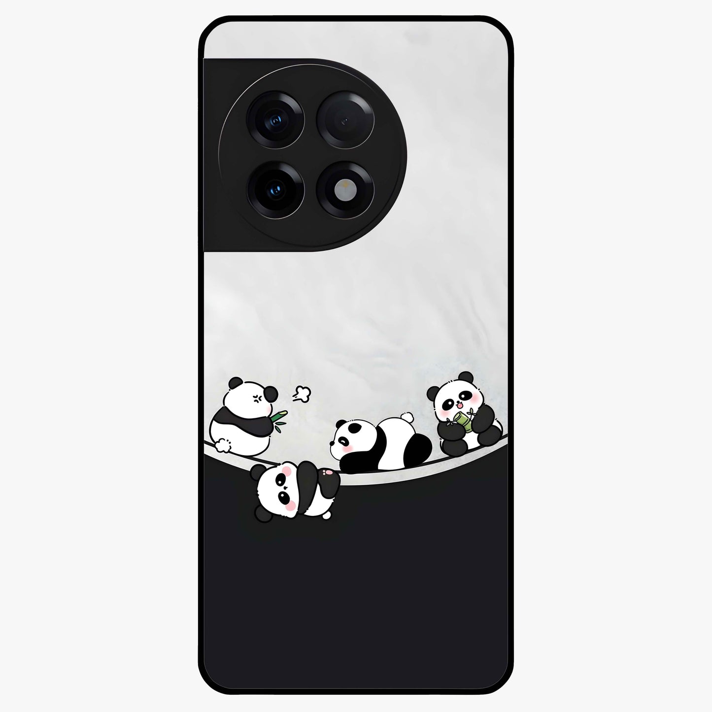 Playful Panda Parade Glass Case for 1+11R adorable front view featuring cute panda artwork in lively poses