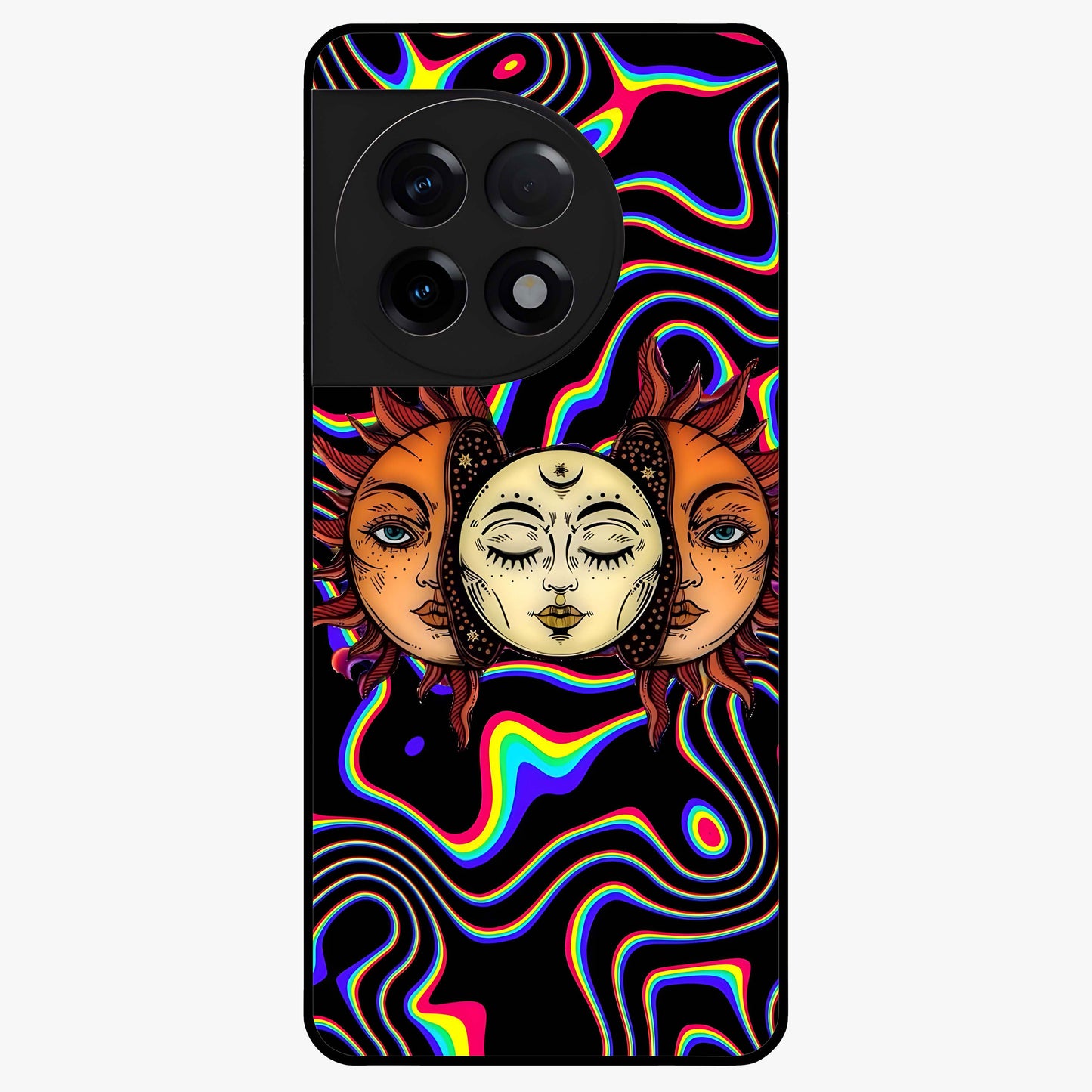 Psychedelic Sun Glass Case for 1+11R artistic front view featuring vibrant sun artwork in psychedelic colors