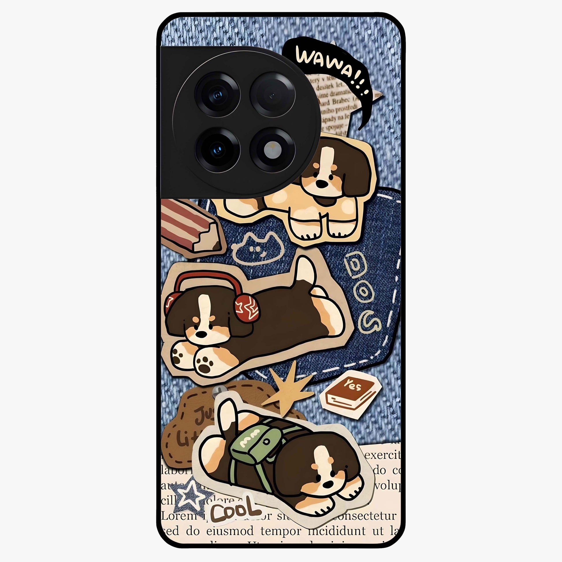 Puppy Sticker Parade Glass Case for 1+11R playful front view featuring multiple puppy sticker style artwork