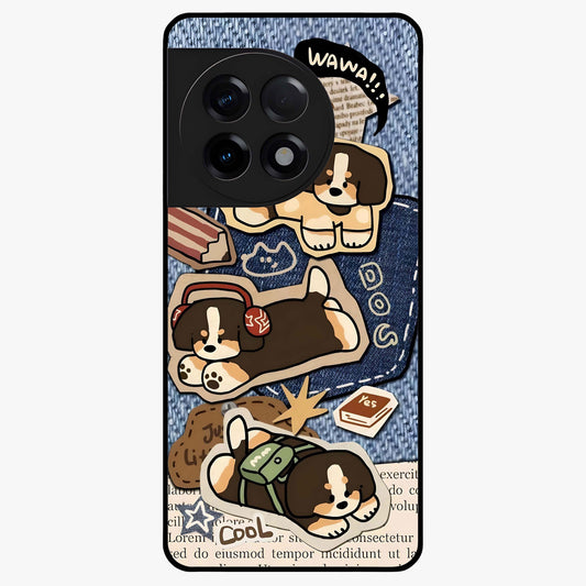 Puppy Sticker Parade Glass Case for 1+11R playful front view featuring multiple puppy sticker style artwork