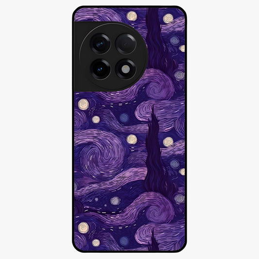 Purple Swirls Glass Case for 1+11R artistic front view featuring flowing swirl artwork in rich purple tones