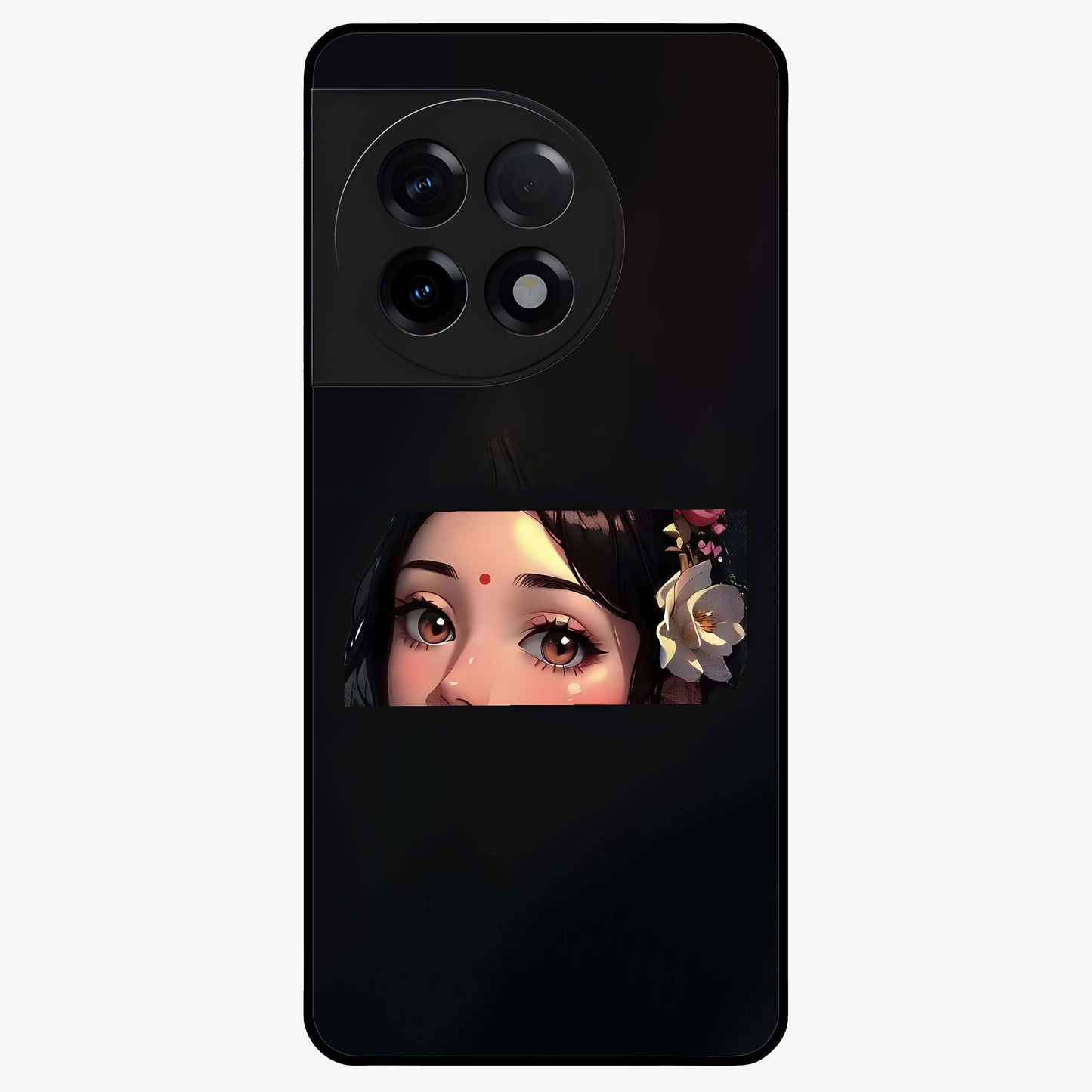 Radha Divine Embrace Glass Case for 1+11R devotional front view featuring graceful Radha inspired artwork