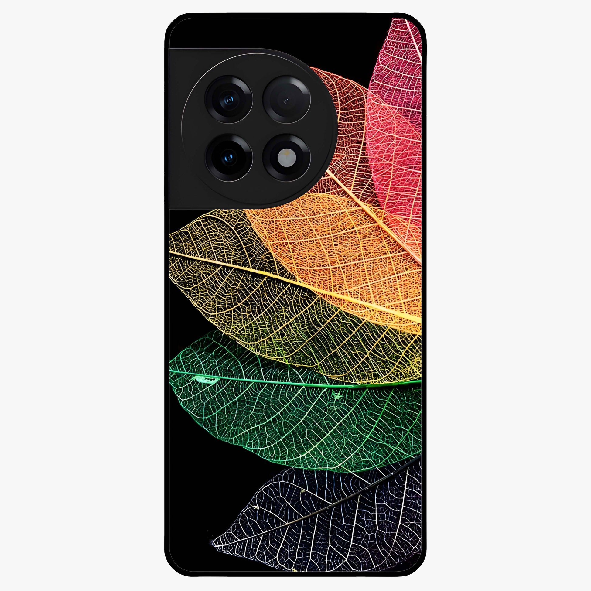 Rainbow Leaf Glow Glass Case for 1+11R colorful front view featuring vibrant leaf artwork with glowing effect