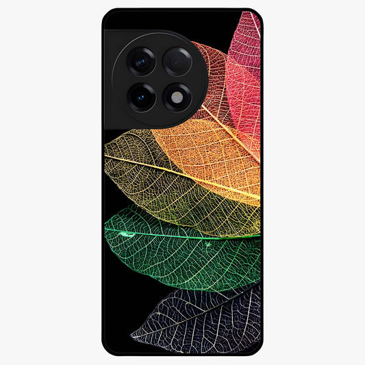 Rainbow Leaf Glow Glass Case for 1+11R colorful front view featuring vibrant leaf artwork with glowing effect