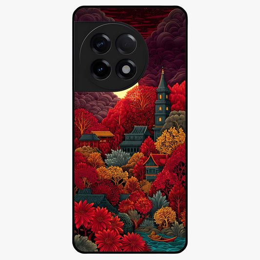 Red Scenery Hot Glass Case for 1+11R dramatic front view featuring bold red landscape artwork