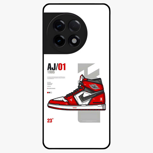 Retro Sneaker Blueprint Glass Case for 1+11R bold front view featuring sneaker blueprint style artwork