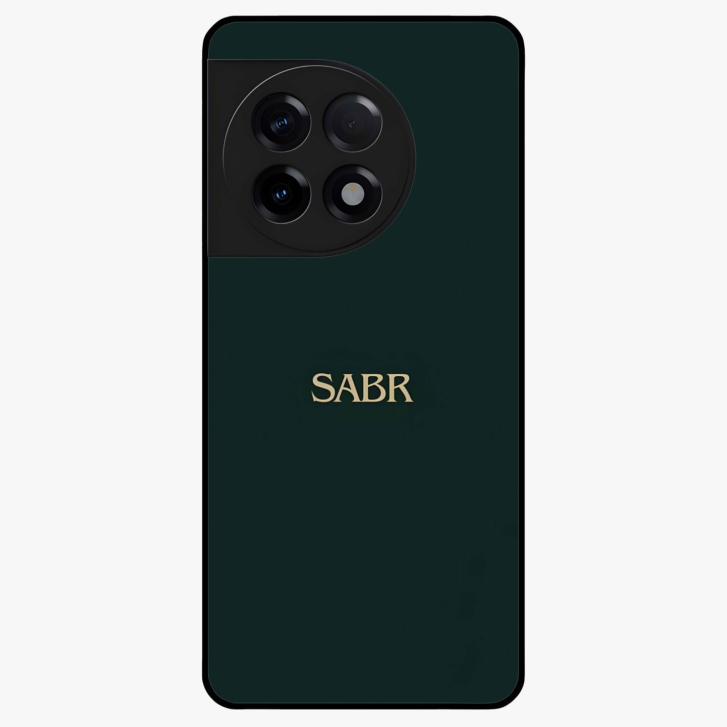 Sabr Minimal Patience Glass Case for 1+11R clean front view featuring minimalist typography artwork