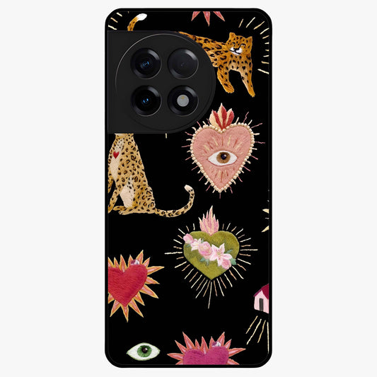 Sacred Jungle Heart Glass Case for 1+11R vibrant front view featuring jungle inspired artwork with symbolic heart accents