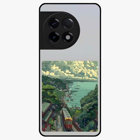 Seaside Train Ride Glass Case for 1+11R scenic front view featuring coastal train landscape artwork