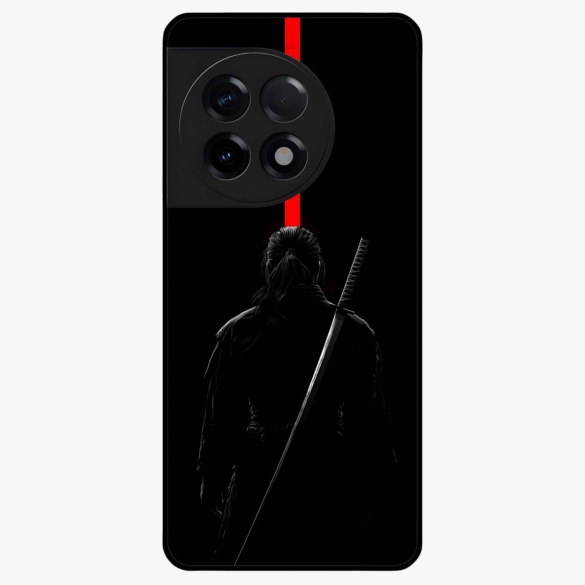 Silent Blade Resolve Glass Case for 1+11R bold front view featuring stealth warrior inspired artwork